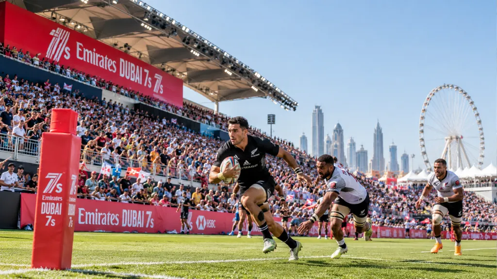 Rugby players compete at the Emirates Dubai Sevens tournament in front of a packed stadium, with spectators cheering, Dubai’s skyline and a Ferris wheel visible in the background.