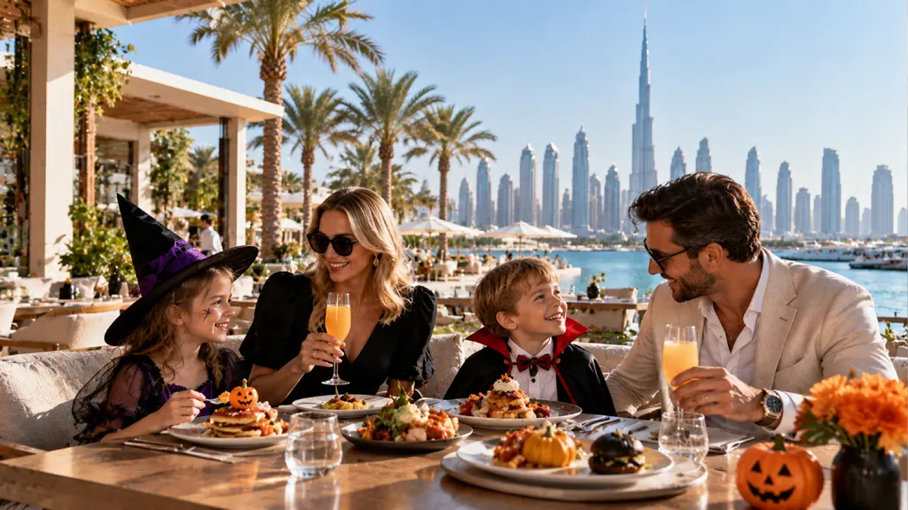 A family enjoying a Halloween brunch at a luxury Dubai waterfront restaurant, with children in witch and vampire costumes, gourmet dishes, pumpkin-themed treats, palm trees, marina views and the Burj Khalifa skyline in t