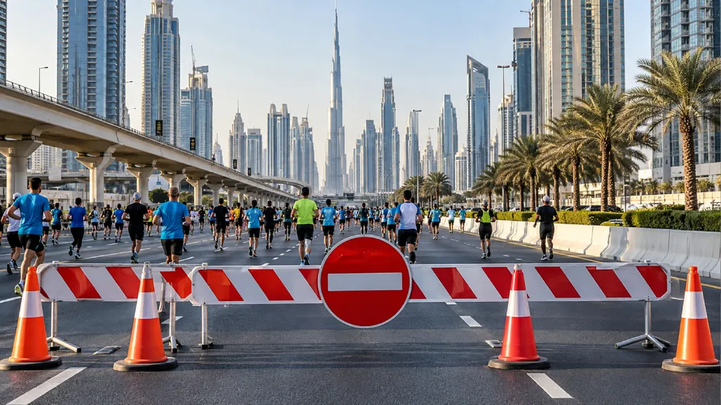 Dubai Run road closures with red-and-white barricades, a no-entry sign and traffic cones blocking a road as runners pass beneath an elevated metro line toward the Burj Khalifa skyline.