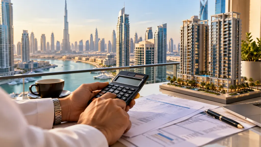 Stacking coins for a property deposit beside house keys, floor plans and a model villa, with the Dubai skyline