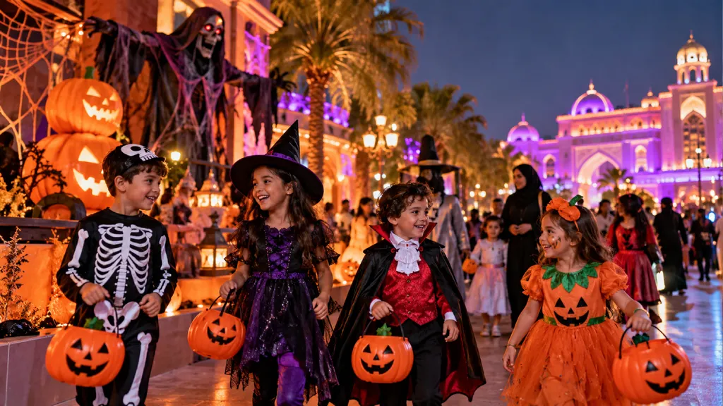 Children dressed in Halloween costumes walk through a festive nighttime celebration in Abu Dhabi, surrounded by glowing jack-o’-lanterns, spooky decorations, palm trees and a grand building illuminated in purple and oran
