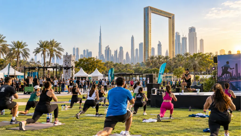 Fitness village in Dubai as Zabeel Park where people are exercising and collecting bib