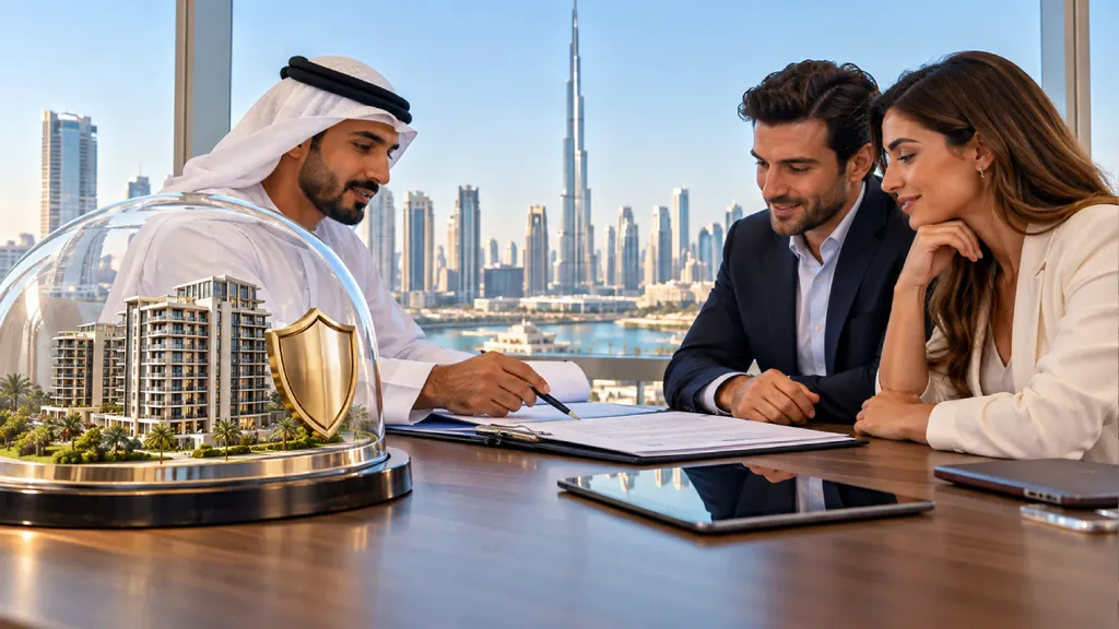 Real estate professionals reviewing property documents beside a residential development model in a Dubai office overlooking the Burj Khalifa, illustrating Dubai property buyer protection.
