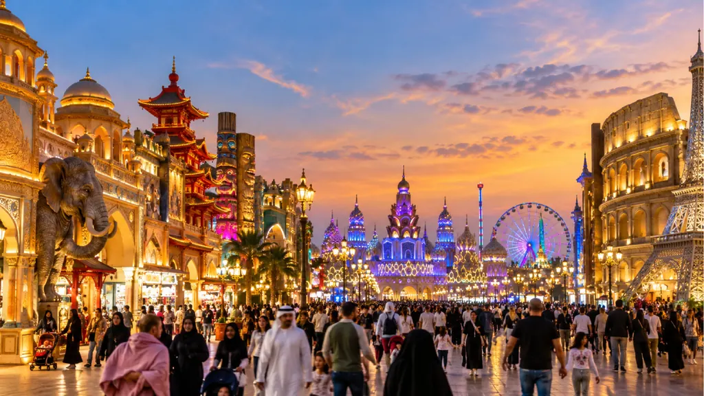 Global Village at dusk: crowds walking between lit-up pavilions, with a Ferris wheel and replica landmarks