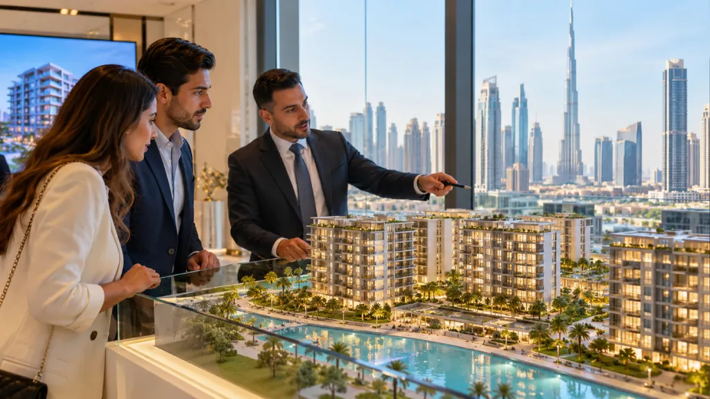 An agent points with a pen at a scale model of apartment blocks around a pool while a couple looks on