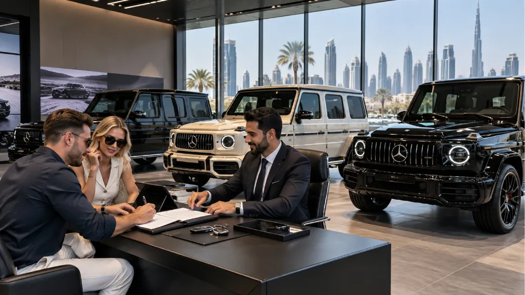 A couple rents a Mercedes-Benz G-Class SUV at a luxury car dealership in Dubai, with black and white G-Wagons displayed in a showroom overlooking the city skyline.