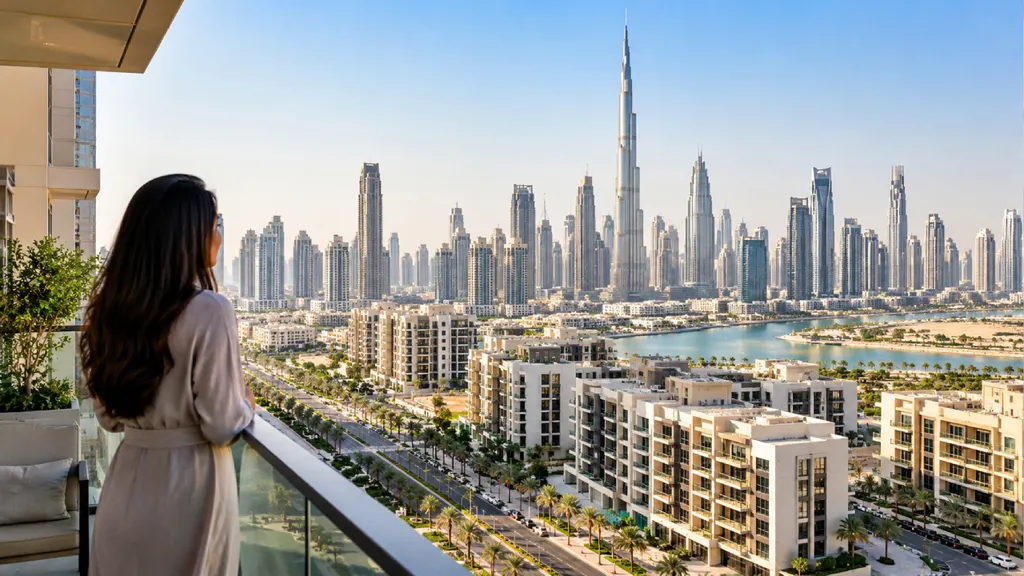 Woman standing on an apartment balcony overlooking Dubai’s skyline, with the Burj Khalifa, residential buildings, and waterfront in the distance, illustrating affordable property options in Dubai.