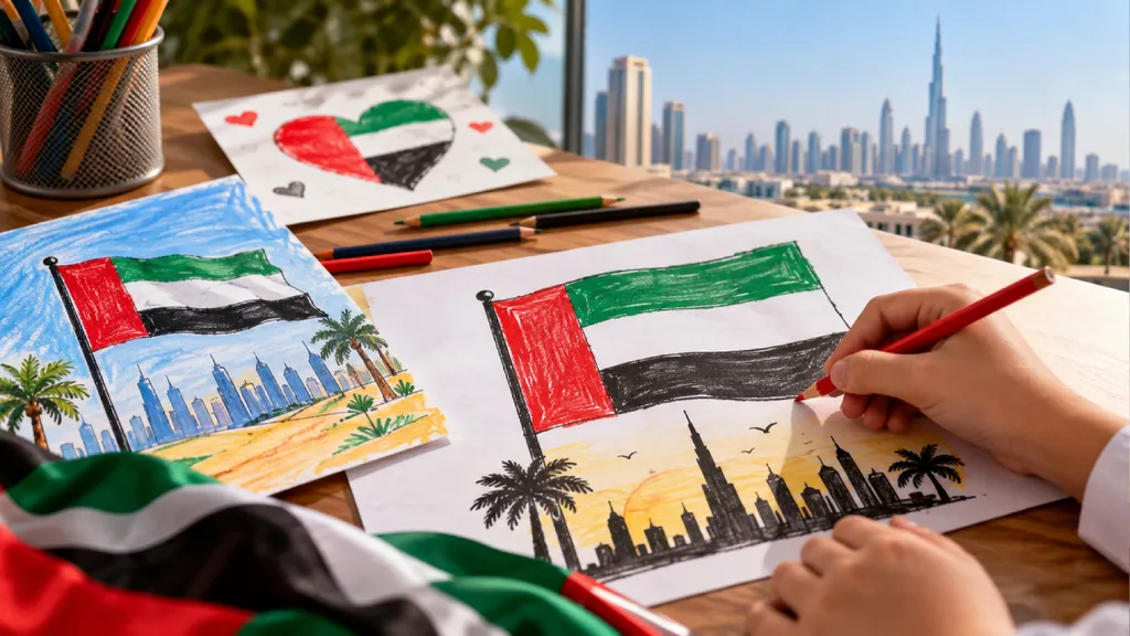Child’s hands drawing the UAE flag with colored pencils on paper, surrounded by patriotic artwork and art supplies, with the Dubai skyline and Burj Khalifa in the background.