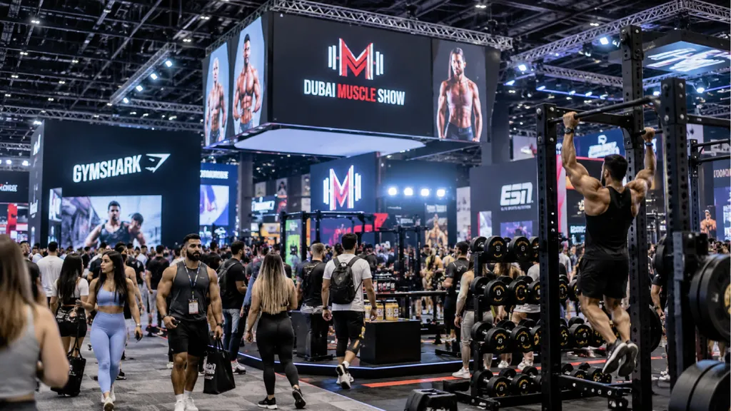 Hyperrealistic image of the Dubai Muscle Show at a convention centre, featuring a muscular athlete performing pull-ups on a gym rack, fitness equipment, bodybuilding displays, and crowds of fitness enthusiasts beneath il