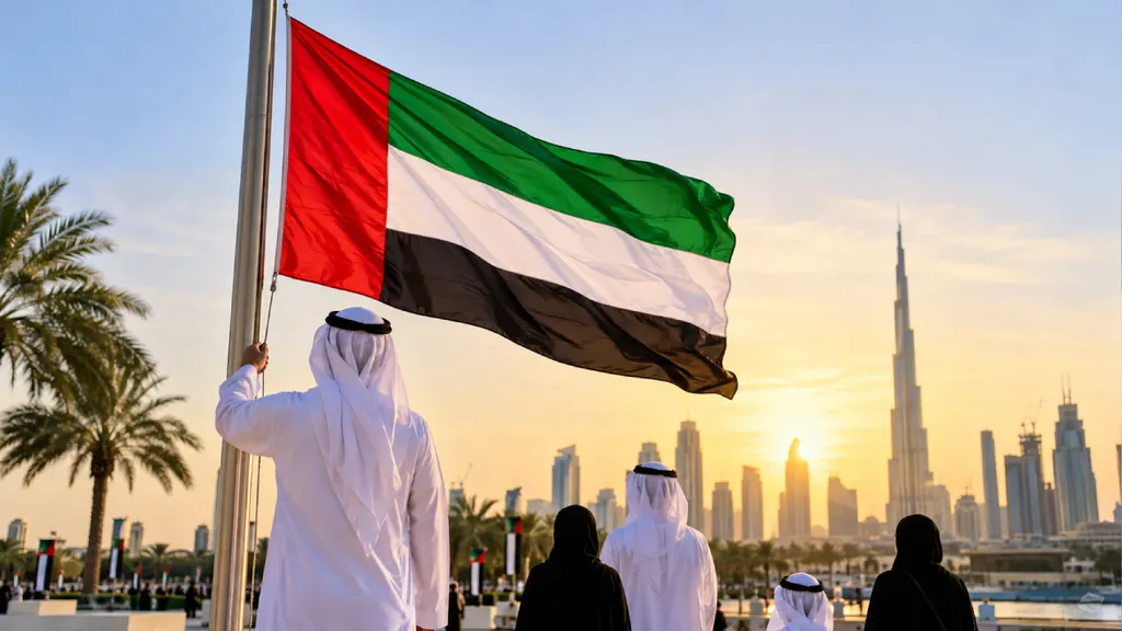 UAE flag waving above Emirati residents in traditional attire against the Dubai skyline at sunset, with the Burj Khalifa in the background, celebrating UAE Flag Day 2026.