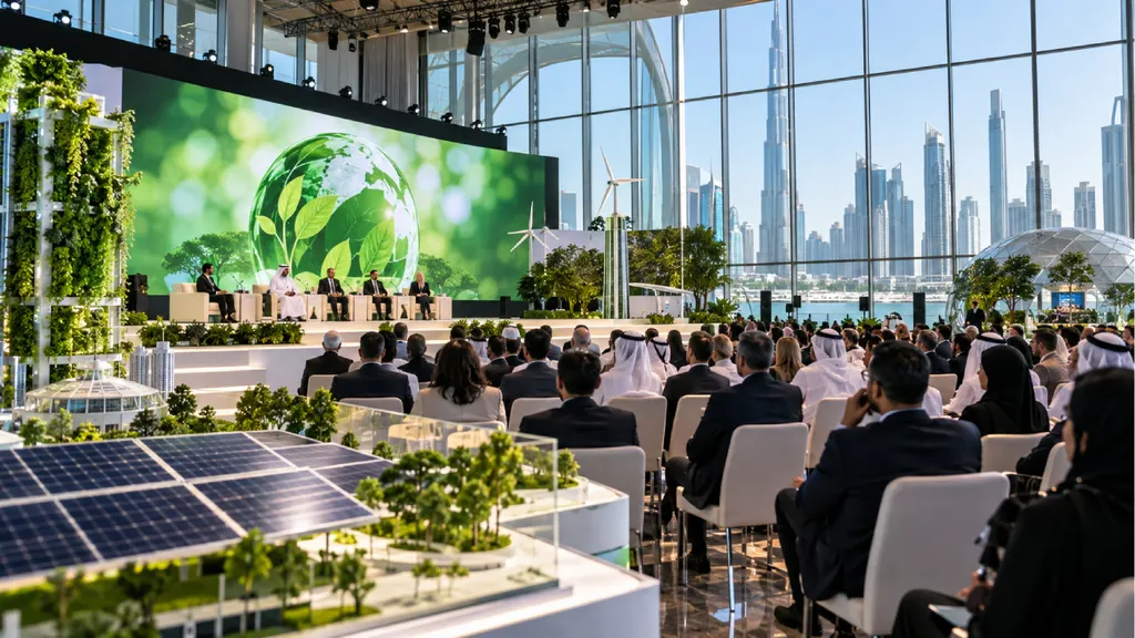 World Green Economy Summit in Dubai featuring a sustainability conference with international delegates, a green energy display, solar panels, wind turbines, and Dubai’s skyline in the background.
