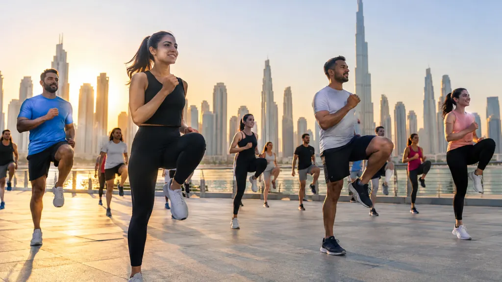 People doing a high-knee warm-up on a waterfront promenade at sunrise for the Dubai Fitness Challenge