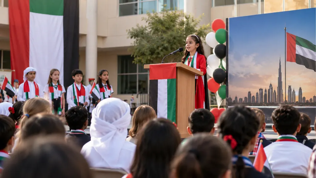 A schoolgirl delivers a UAE Flag Day speech at a school assembly as students of diverse nationalities watch.
