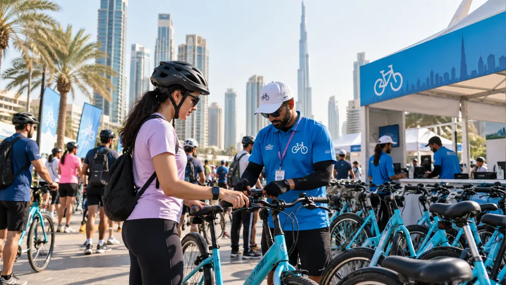 A cyclist rents a turquoise bicycle from a staff member at the Dubai Ride event, with rows of rental bikes, fellow cyclists and Dubai’s skyline, including the Burj Khalifa, in the background.