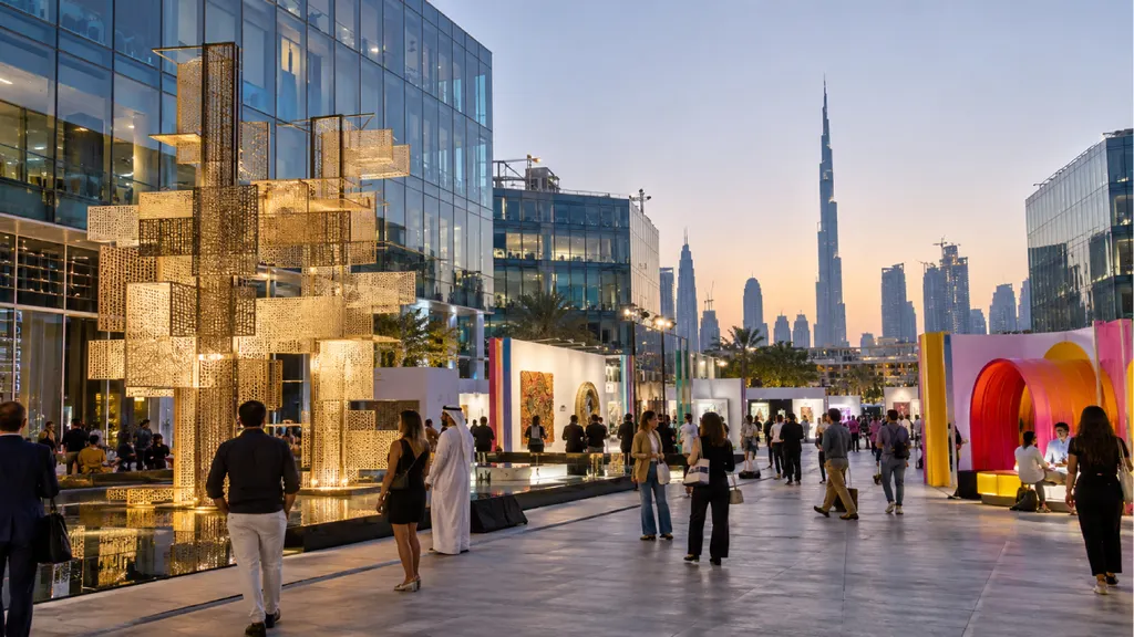 Dubai Design Week outdoor exhibition at dusk, featuring illuminated geometric art installations, colorful design structures, and visitors exploring creative displays against a modern Dubai skyline with the Burj Khalifa i