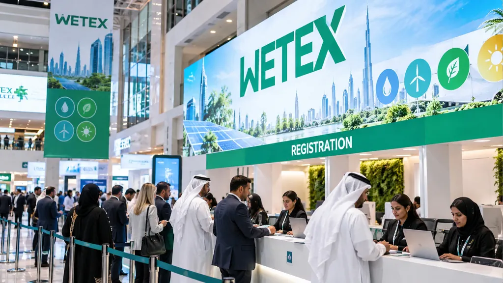 WETEX 2026 registration counters at a Dubai exhibition hall, with attendees checking in beneath green WETEX signage and displays featuring water, solar energy, wind power and sustainability.