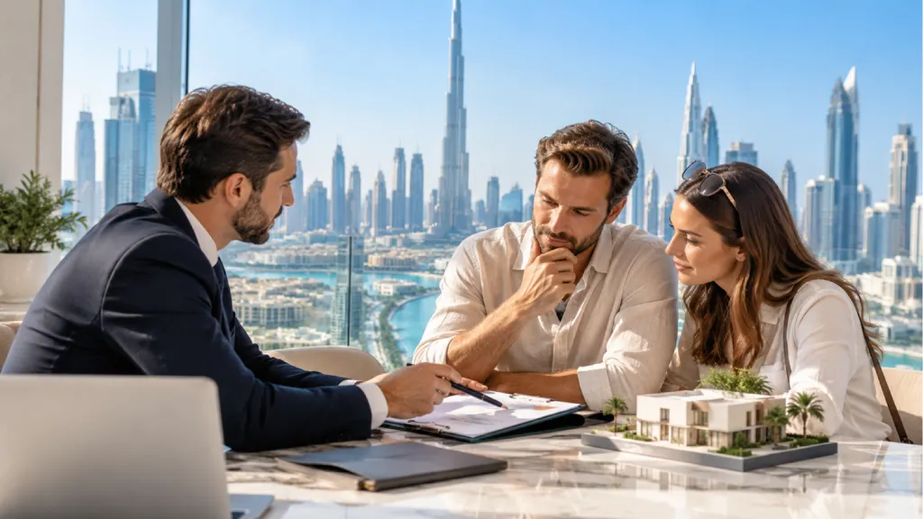 An adviser explains a document to a couple at a table with a model villa, with the Burj Khalifa behind them
