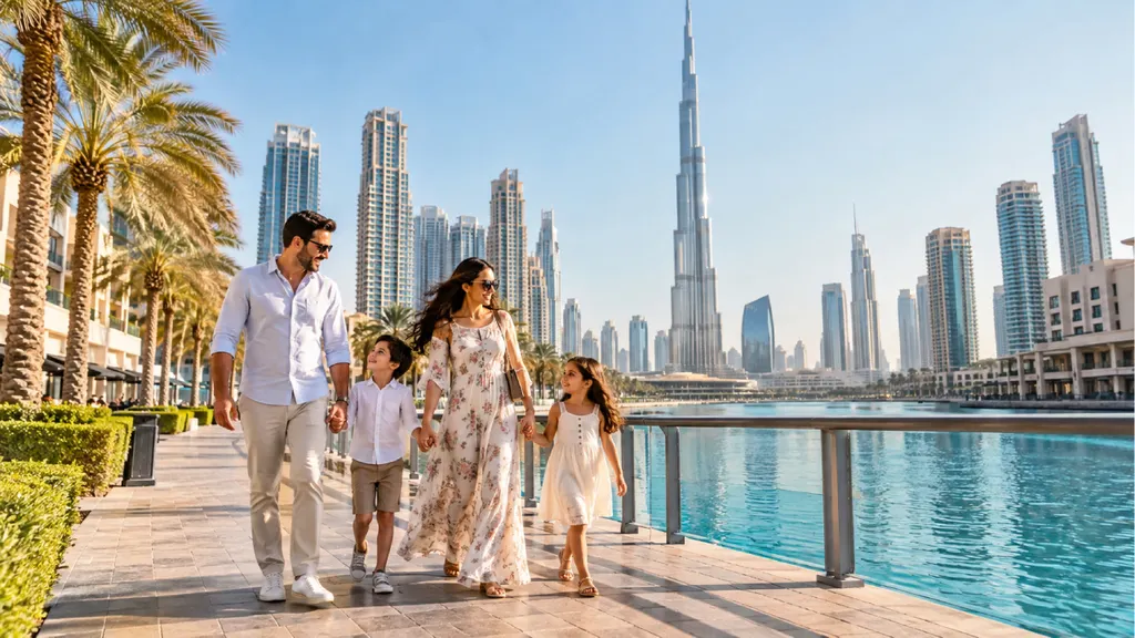 A family of four walking along a waterfront promenade in Dubai, surrounded by palm trees, modern residential towers, and the Burj Khalifa skyline.