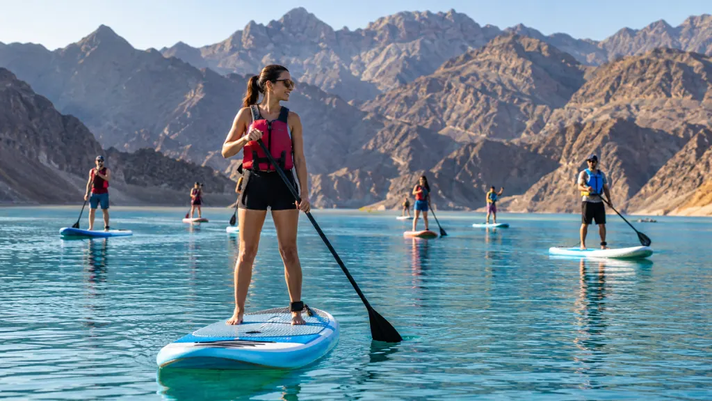 Stand-up paddleboarders on the turquoise water of Hatta Dam, with the Hajar Mountains behind