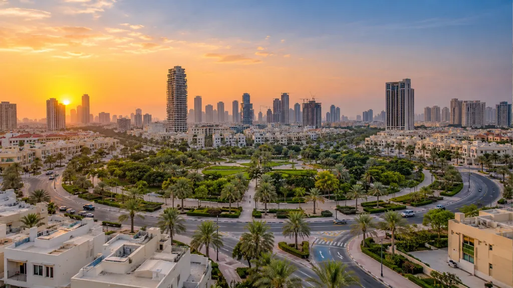 Aerial view of Jumeirah Village Circle (JVC), Dubai, featuring landscaped parks, palm-lined roads, residential buildings, and a modern skyline at sunset.