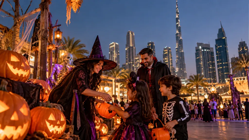 Halloween celebration in Dubai with adults and children in costumes, glowing jack-o’-lanterns, and festive decorations against the illuminated Downtown Dubai skyline at dusk.