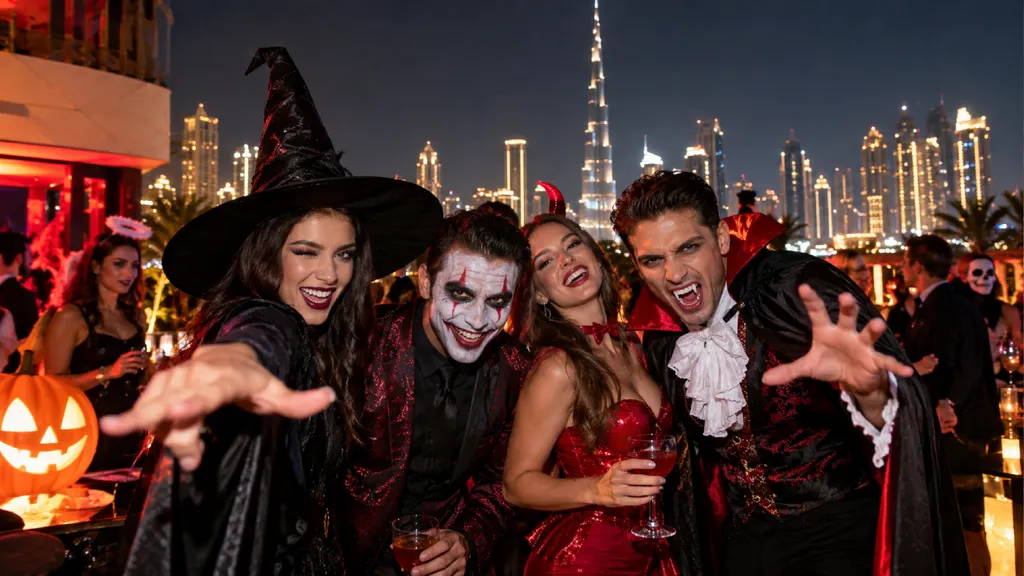 Adults dressed in Halloween costumes at a rooftop party in Dubai, featuring a witch, a Joker-inspired clown, a woman in a red devil costume and a vampire, with a glowing jack-o’-lantern and Dubai’s illuminated skyline in