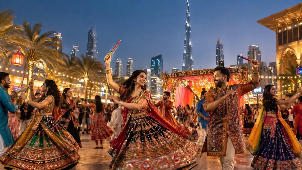 Couples in traditional dress dancing dandiya at an outdoor Navratri celebration, with the Burj Khalifa lit up behind
