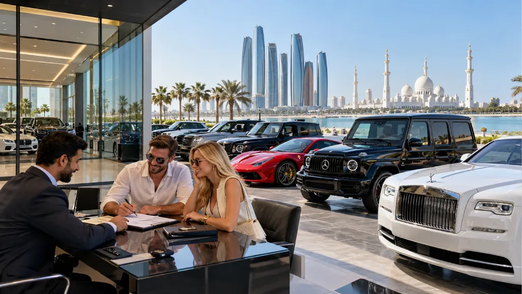 Luxury car rental showroom in Abu Dhabi, where a couple arranges a rental with a dealership representative, surrounded by premium vehicles including a Rolls-Royce, Mercedes-Benz G-Class and Ferrari.