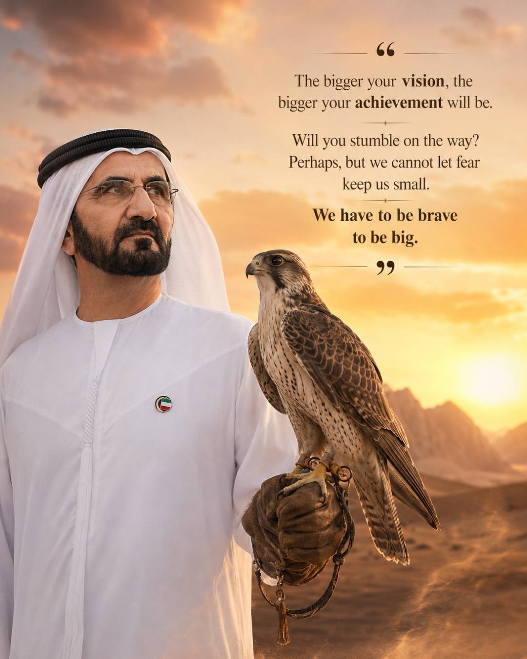 Sheikh Mohammed bin Rashid Al Maktoum quotes image in 4:5 portrait featuring the quote The bigger your vision the bigger your achievement