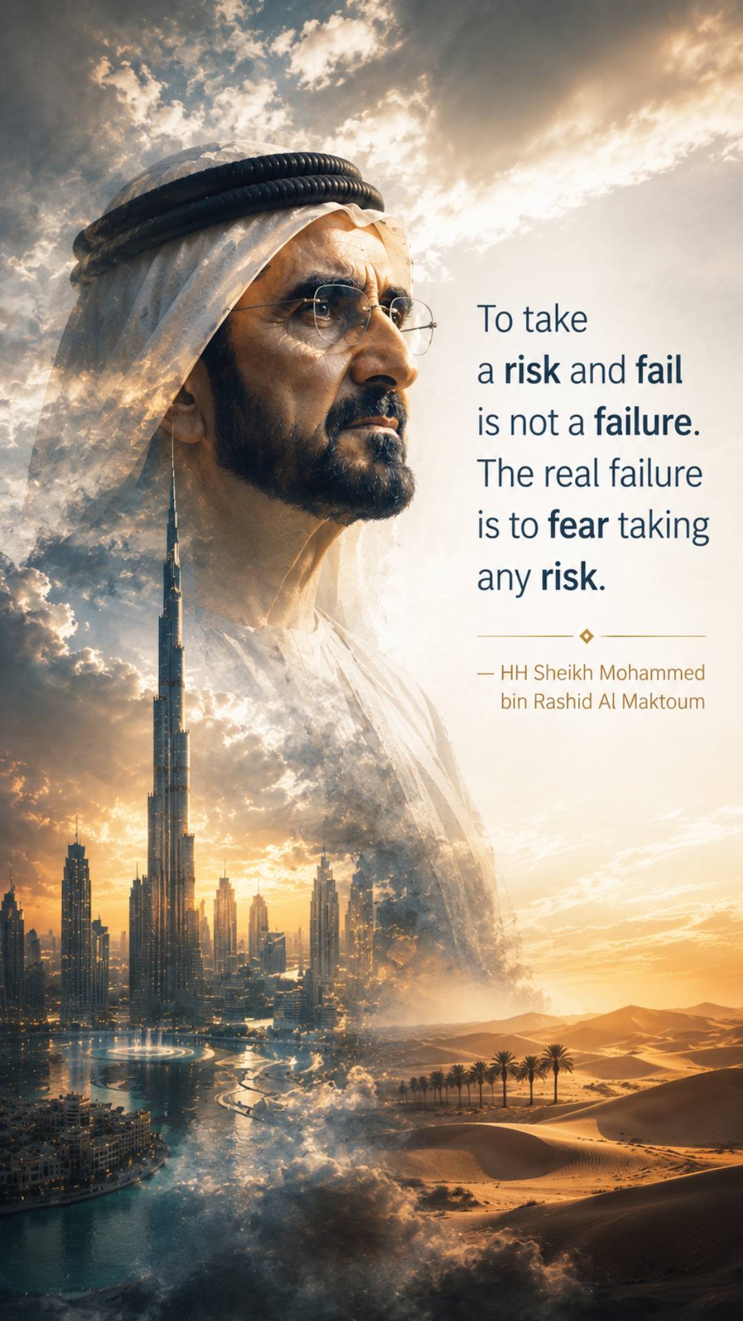 Sheikh Mohammed bin Rashid Al Maktoum quotes image in 9:16 vertical featuring the quote To take a risk and fail is not a failure