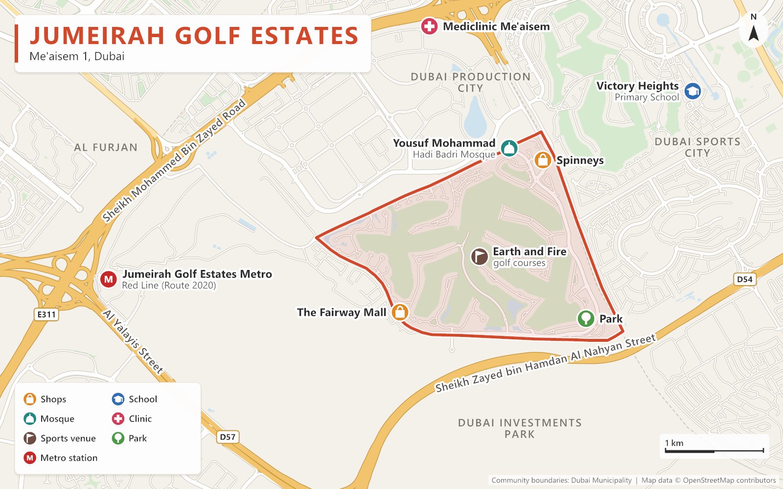 Close-up map of Jumeirah Golf Estates outlined in red north of Sheikh Zayed bin Hamdan Al Nahyan Street (D54), next to Dubai Production City, Dubai Sports City, Al Furjan and Dubai Investments Park, with the Earth and Fire golf courses, The Fairway Mall, Spinneys and a park inside, and Jumeirah Golf Estates Metro station (Red Line, Route 2020), a mosque, Victory Heights Primary School and Mediclinic Me'aisem nearby.