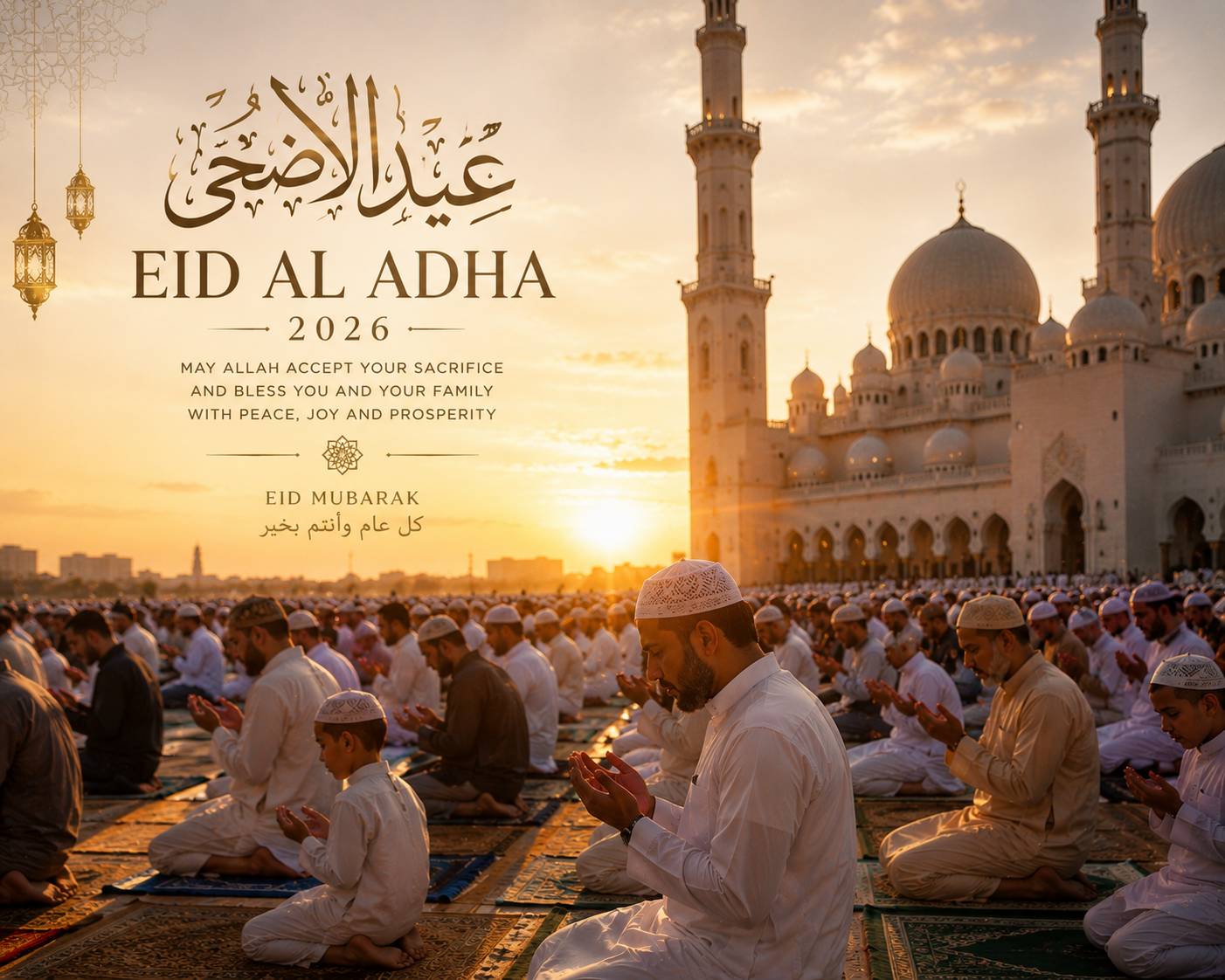 Peaceful Eid Al Adha 2026 prayer gathering outside a grand mosque during golden sunrise with worshippers praying together