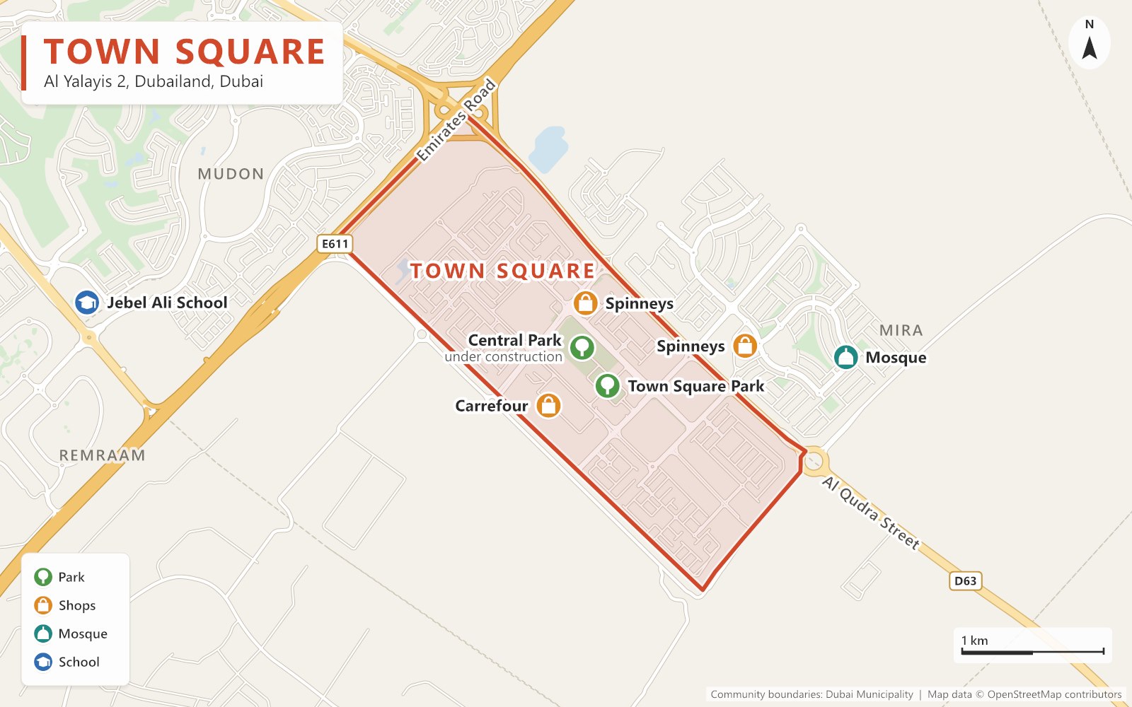 Close-up map of Town Square outlined in red between Emirates Road (E611) and Al Qudra Street (D63), next to Mudon, Remraam and Mira, with Town Square Park, Central Park (under construction), Carrefour and Spinneys inside, and another Spinneys, a mosque and Jebel Ali School nearby