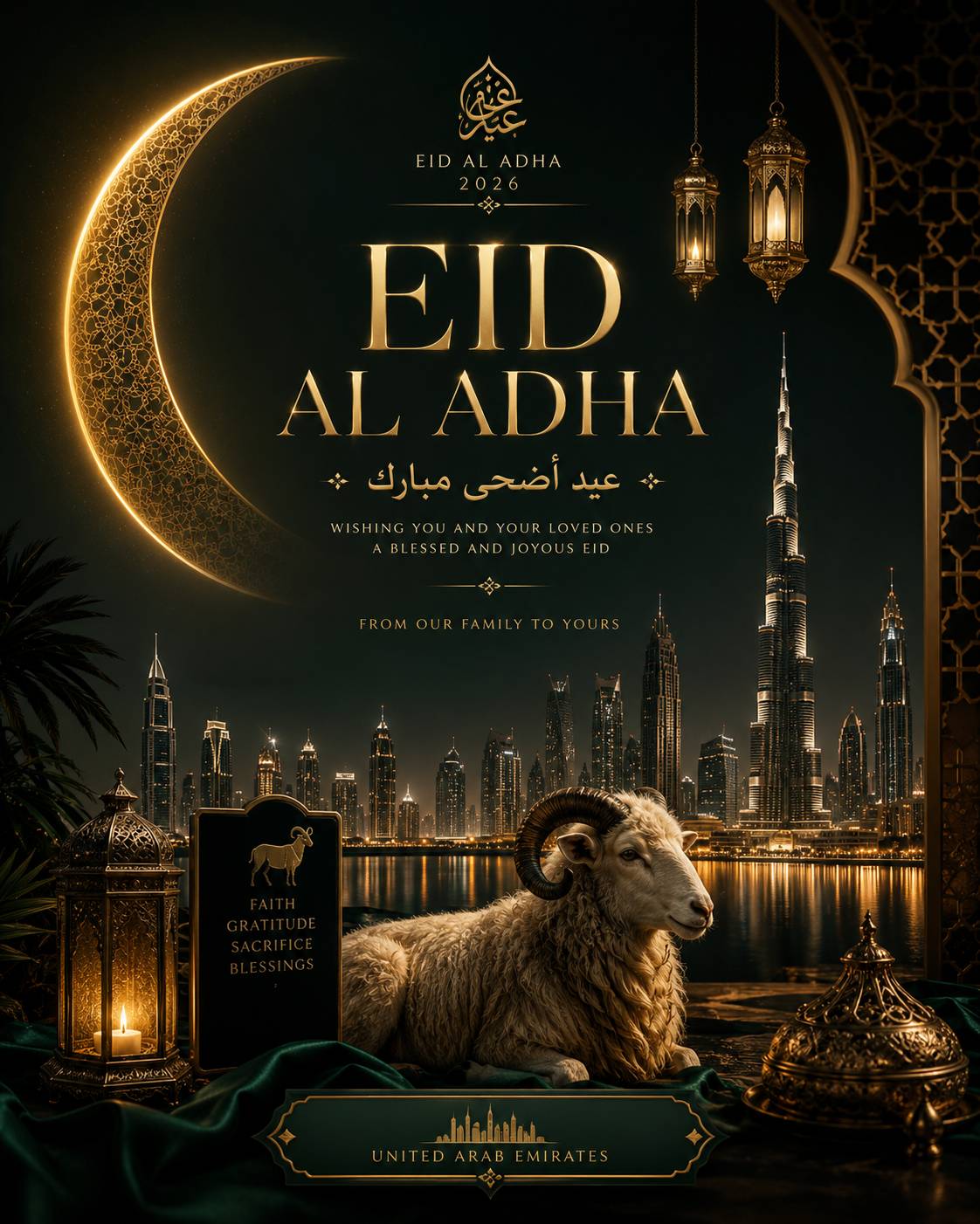 Luxury Eid Al Adha 2026 greeting for UAE audience with Dubai skyline, premium black gold and emerald palette