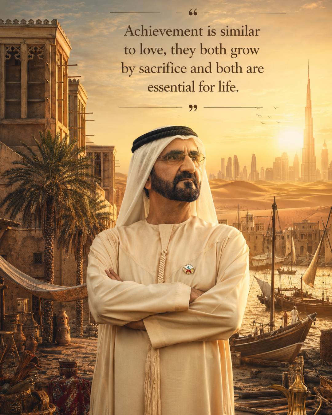 Sheikh Mohammed bin Rashid Al Maktoum quotes image in 4:5 portrait featuring the quote Achievement is similar to love