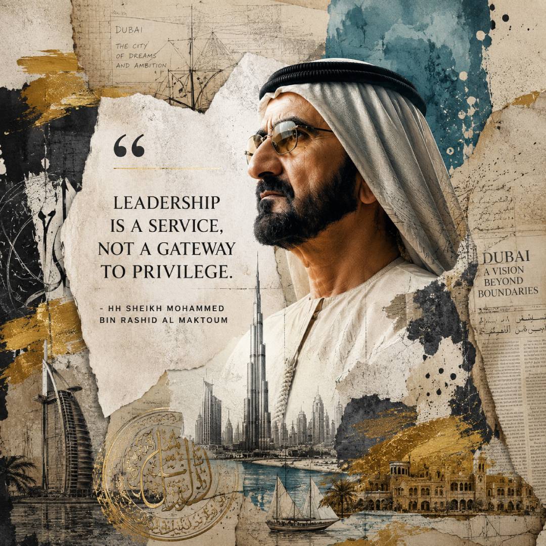 Sheikh Mohammed bin Rashid Al Maktoum quotes image in square 1:1 featuring the quote Leadership is a service not a gateway to privilege