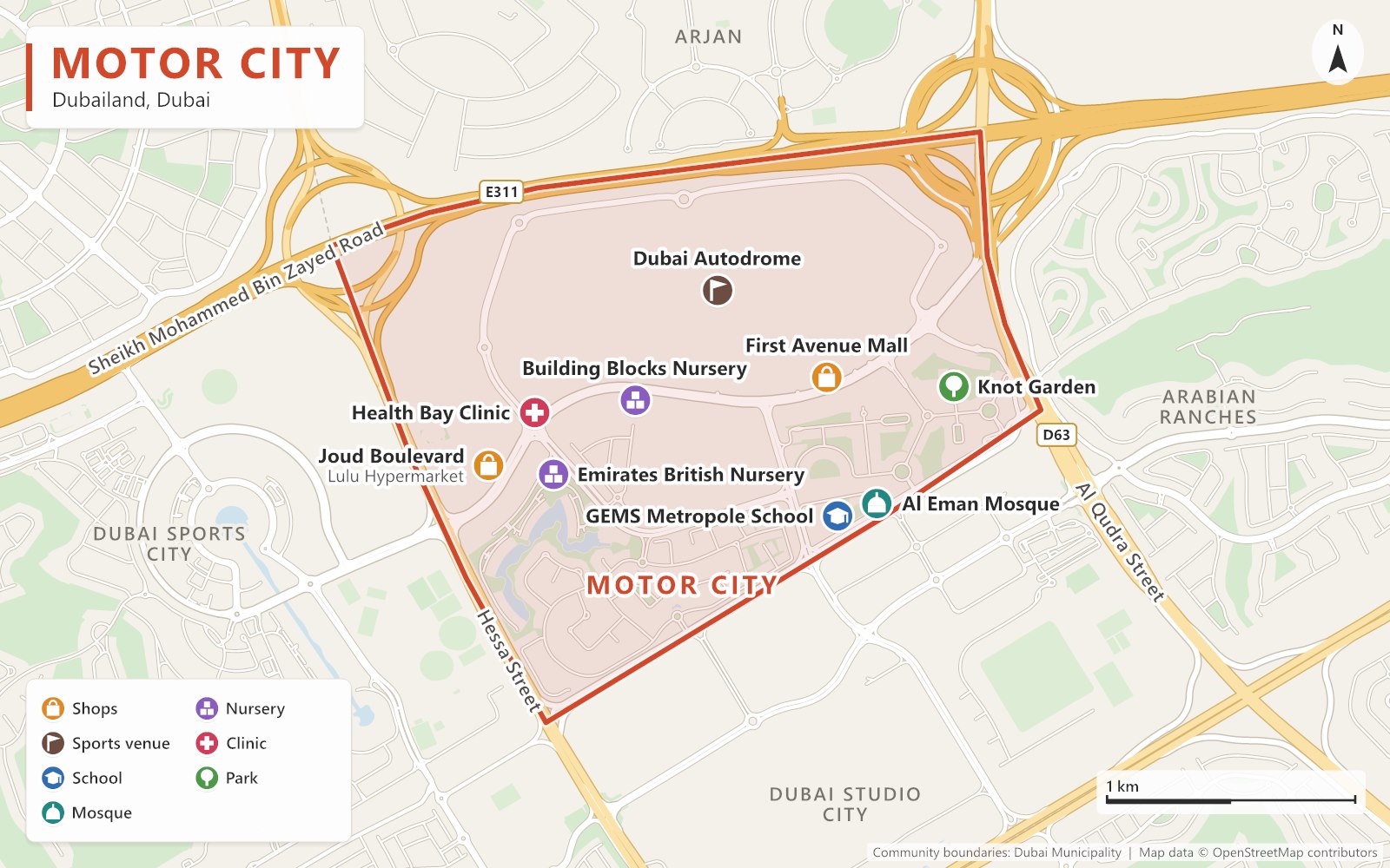 Map of Dubai showing where Motor City is, south of Sheikh Mohammed Bin Zayed Road (E311) in Dubailand, with Dubai Marina, Palm Jumeirah, Downtown Dubai and Dubai International Airport marked for reference.