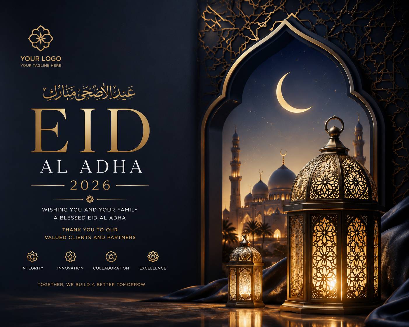 Elegant navy blue and gold Eid Al Adha 2026 wishes image featuring luxury lanterns and Islamic architecture