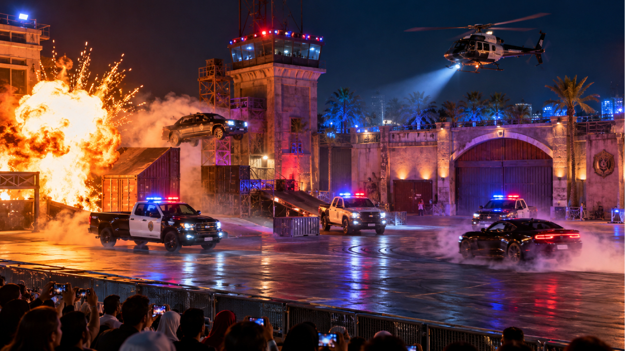 Hyperrealistic night-time stunt show at Global Village featuring police cars chasing a drifting sports car, a dramatic explosion, a car jumping off a ramp, and a helicopter shining a spotlight over the action as spectators watch from behind safety barriers.