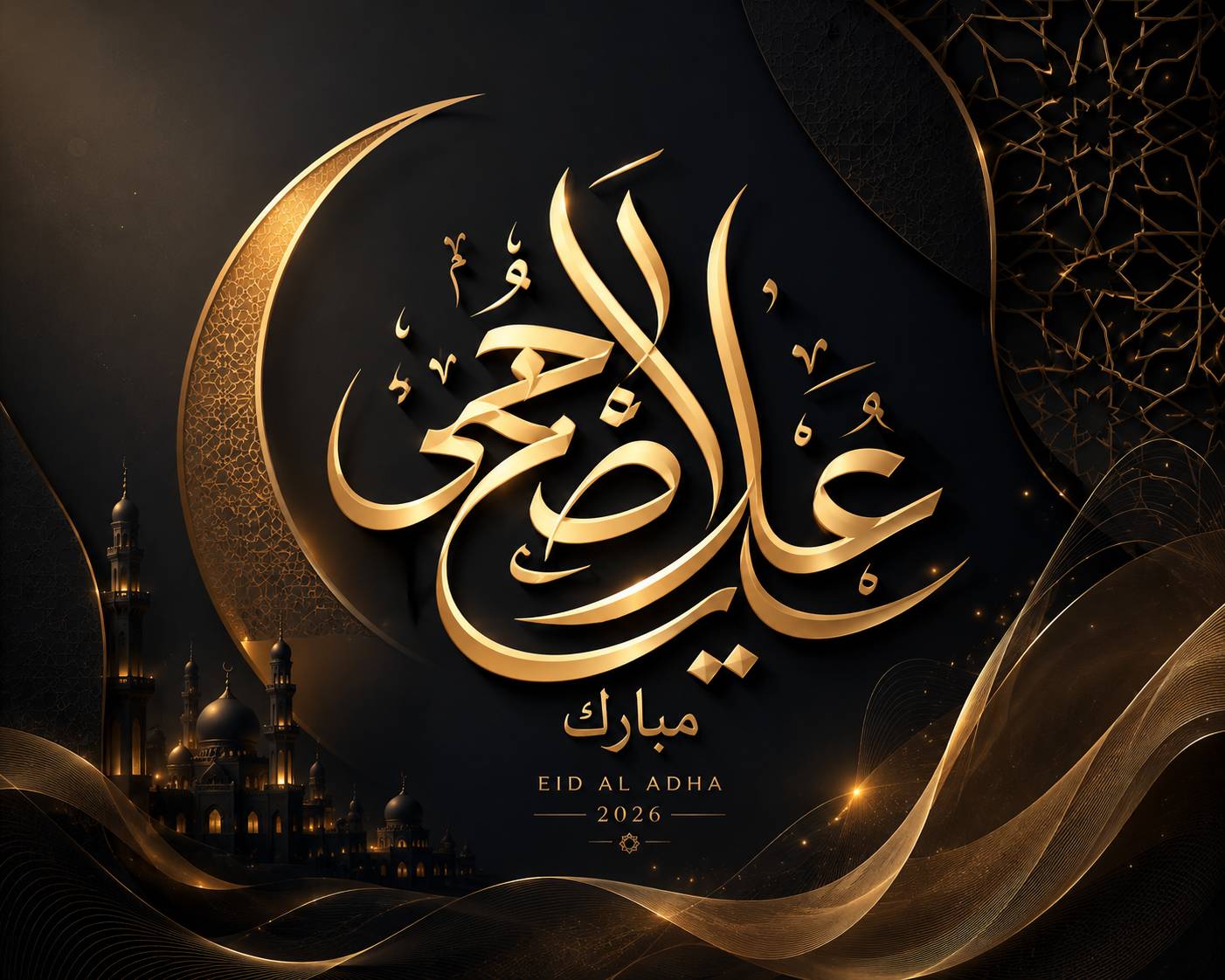 Luxury black and gold Eid Al Adha 2026 wishes image with Arabic calligraphy, crescent moon and elegant Islamic design
