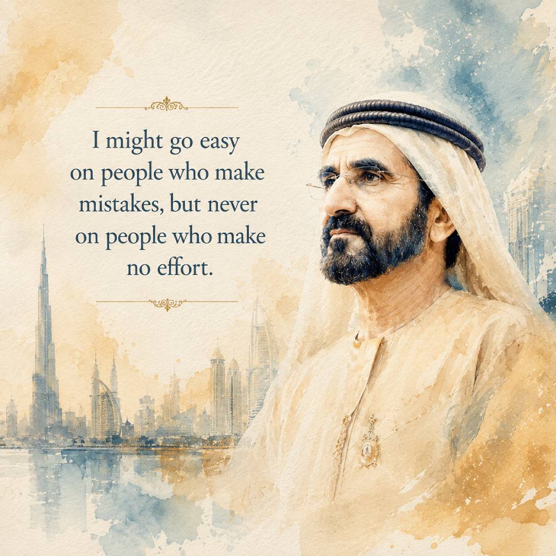 Sheikh Mohammed bin Rashid Al Maktoum quotes image in square 1:1 featuring the quote I might go easy on people who make mistakes