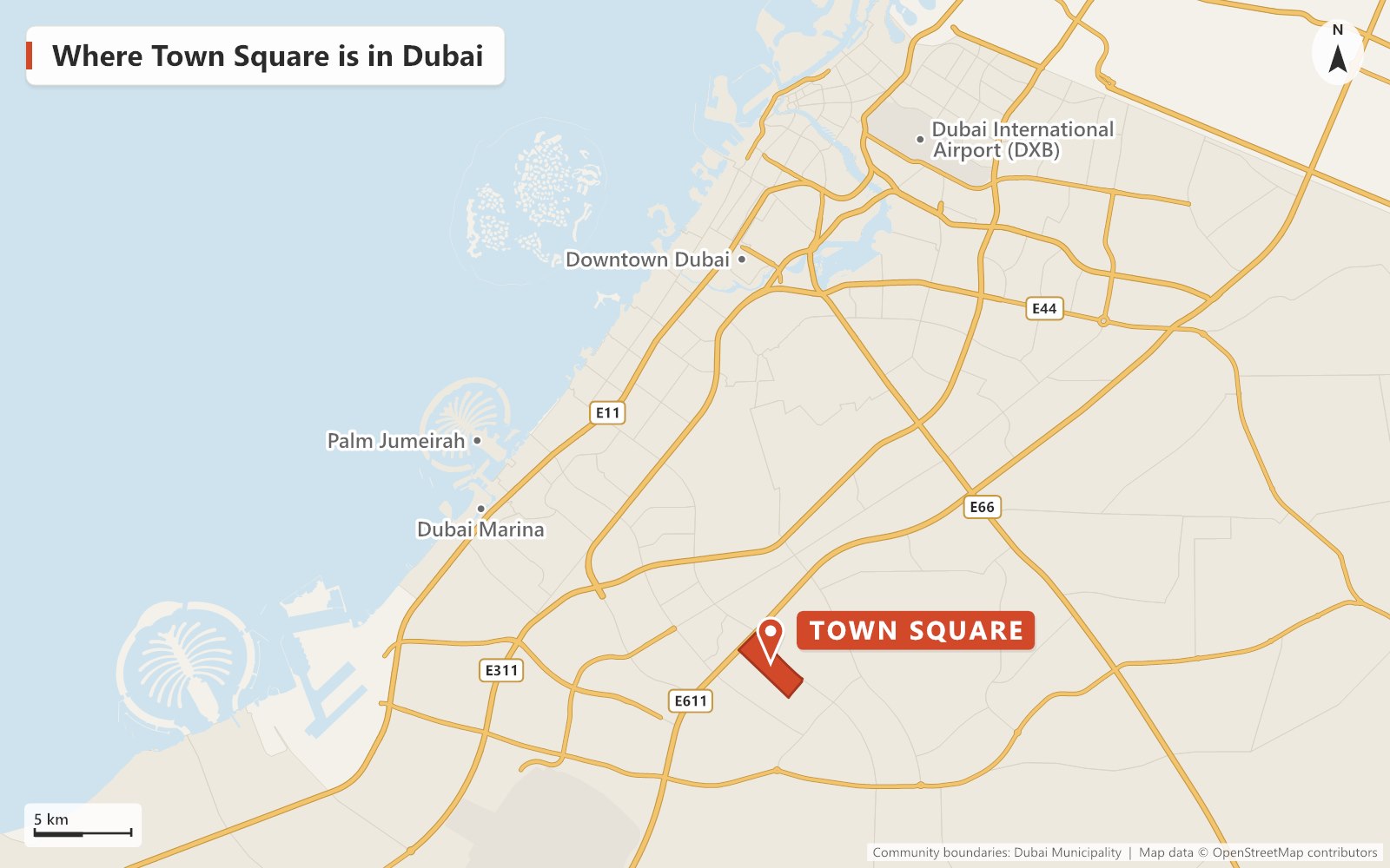Map of Dubai showing where Town Square is, beside Emirates Road (E611) and Al Qudra Street in Dubailand, with Dubai Marina, Palm Jumeirah, Downtown Dubai and Dubai International Airport marked for reference.