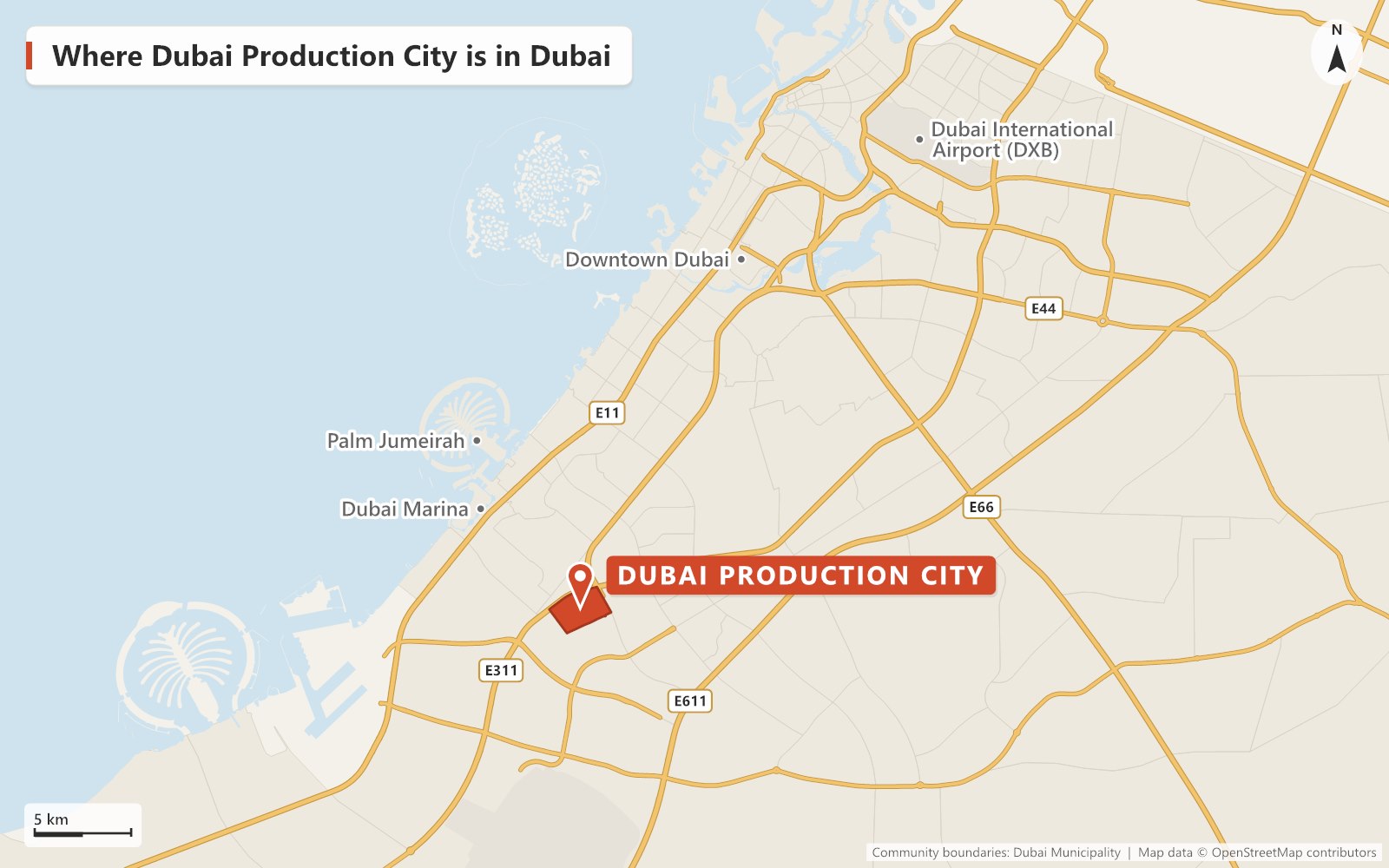 Map of Dubai showing where Dubai Sports City is, south of Sheikh Mohammed Bin Zayed Road (E311) between Al Khail Road and Hessa Street, with Dubai Marina, Palm Jumeirah, Downtown Dubai and Dubai International Airport marked for reference.
