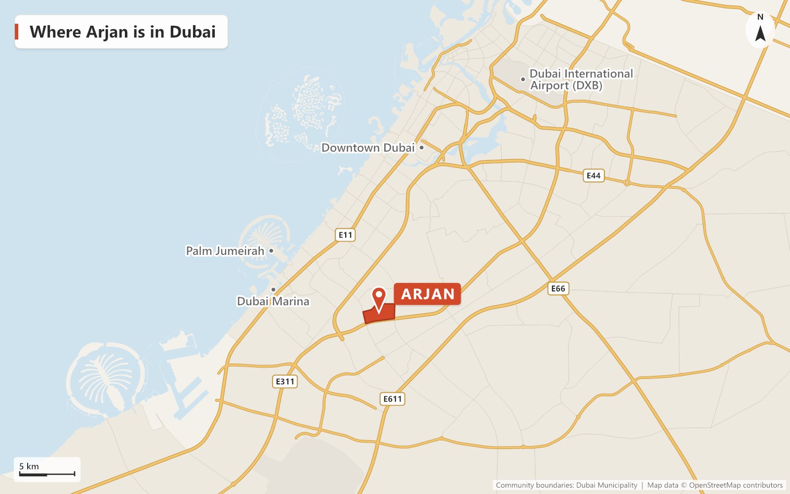 Map of Dubai showing where Arjan is, north of Sheikh Mohammed Bin Zayed Road (E311) in Dubailand, with Dubai Marina, Palm Jumeirah, Downtown Dubai and Dubai International Airport marked for reference.
