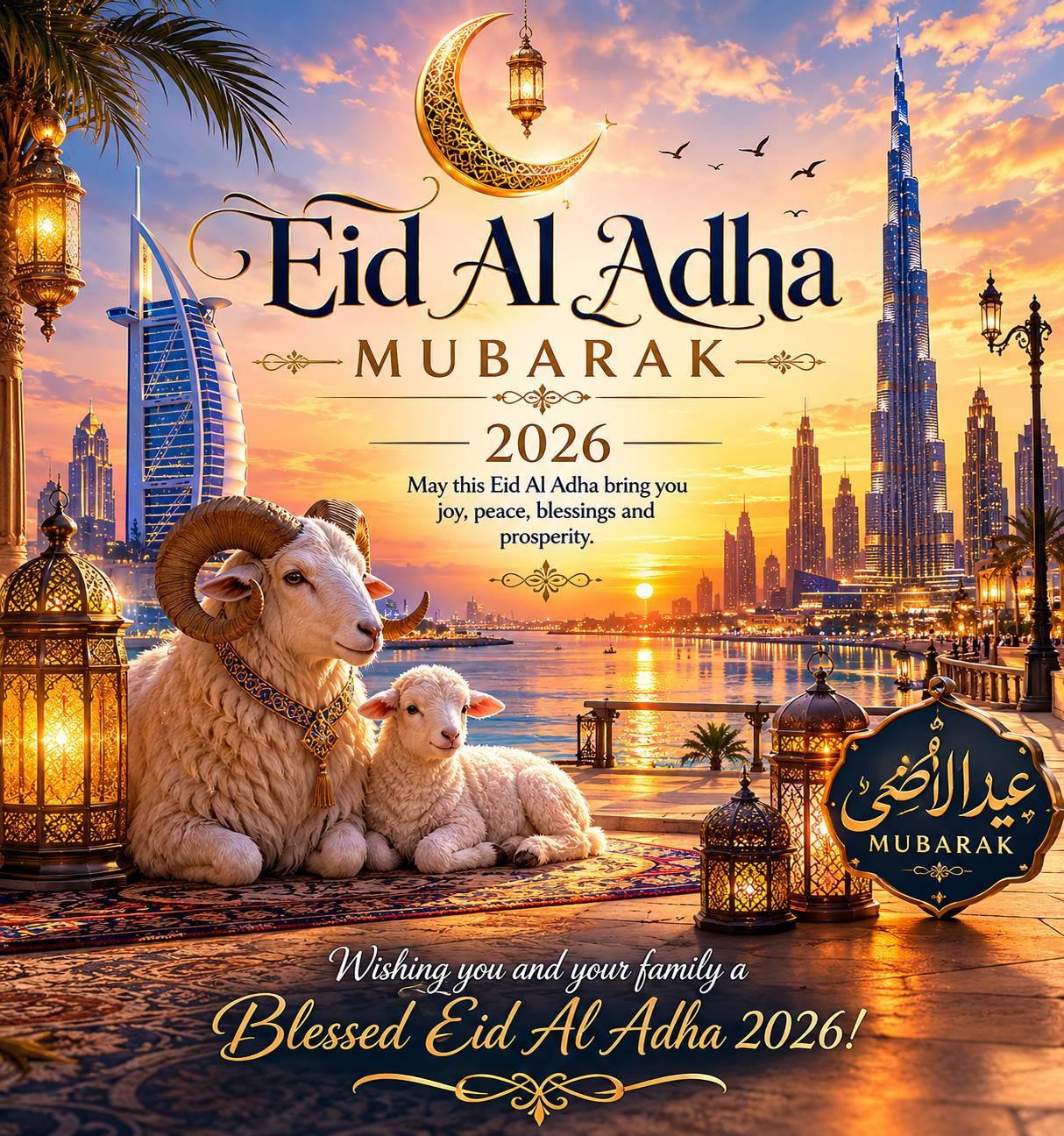 Pretty and shareable Eid Al Adha 2026 Mubarak image featuring the Dubai skyline