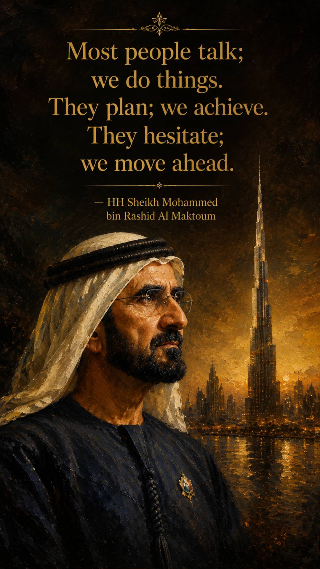 Sheikh Mohammed bin Rashid Al Maktoum quotes image in 9:16 vertical featuring the quote Most people talk we do things
