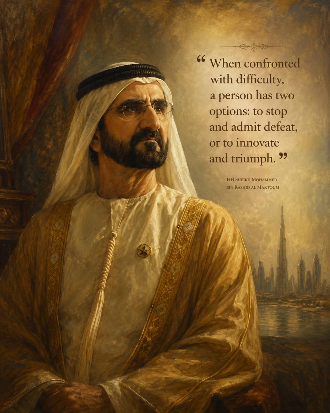 Sheikh Mohammed bin Rashid Al Maktoum quotes image in 4:5 portrait featuring the quote When confronted with difficulty