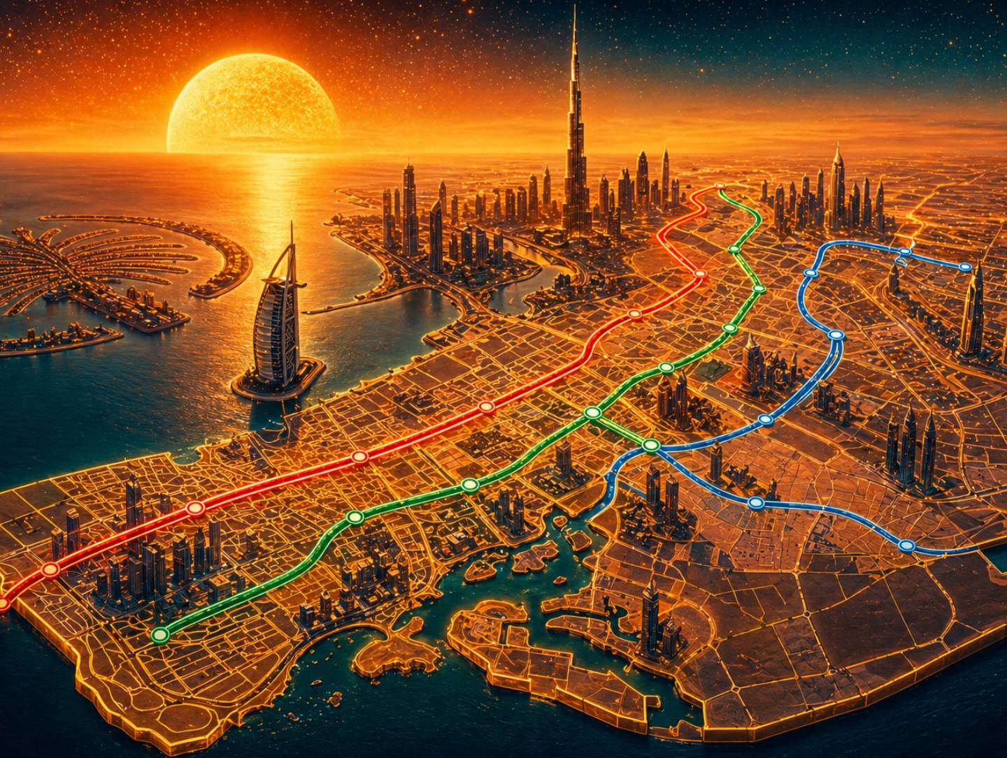 Dubai Metro Gold Line route map showing 18 stations from Al Ghubaiba to Jumeirah Golf Estates